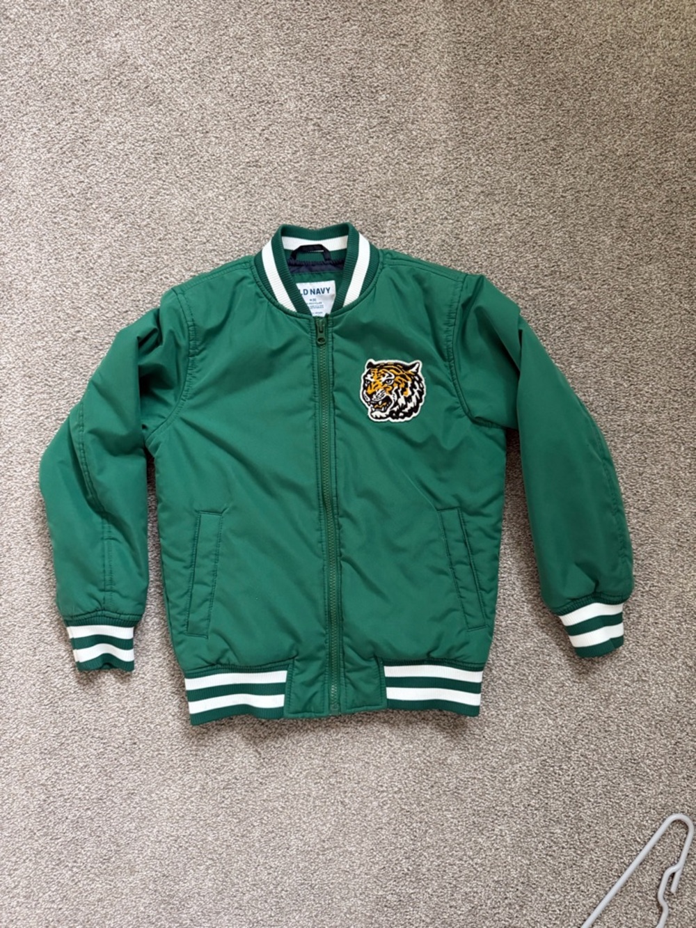 Green Old Navy Bomber Jacket with Tiger Patch Boys Medium Kids Size 8